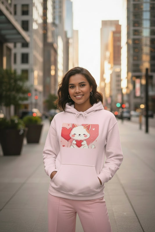 Cute Heart Kitty Hoodie — Valentine’s Day Cute Animal Pullover - Sumoud Studio