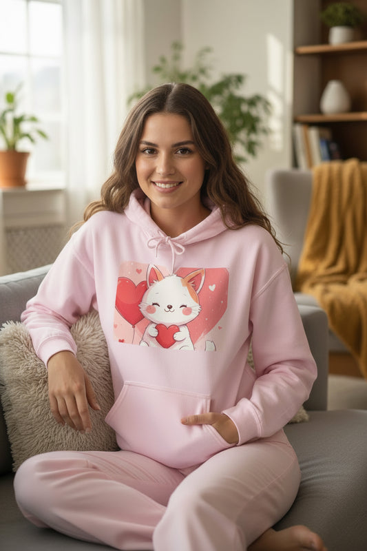 Cute Valentine Cat & Heart Hoodie - Kawaii Love Pullover for Women & Men - Sumoud Studio