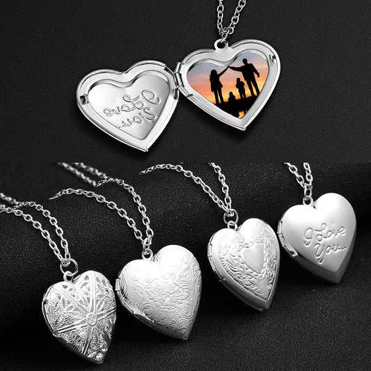 Carved Design Love Necklace Personalized Heart-shaped Photo Frame Pendant Necklace For Women Family Jewelry For Valentine's Day - Sumoud Studio